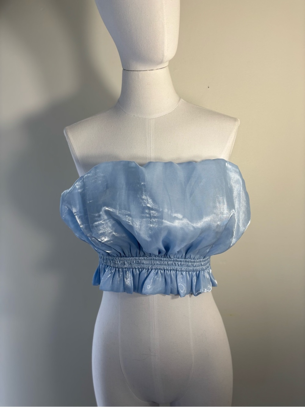 Shimmery Sky Blue Strapless Ruffle Crop Top